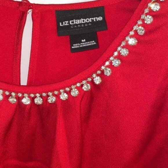 NWTLIZ CLAIBORNE  Size M red long sleeve blouse,rhinestones round neck - Picture 3 of 6